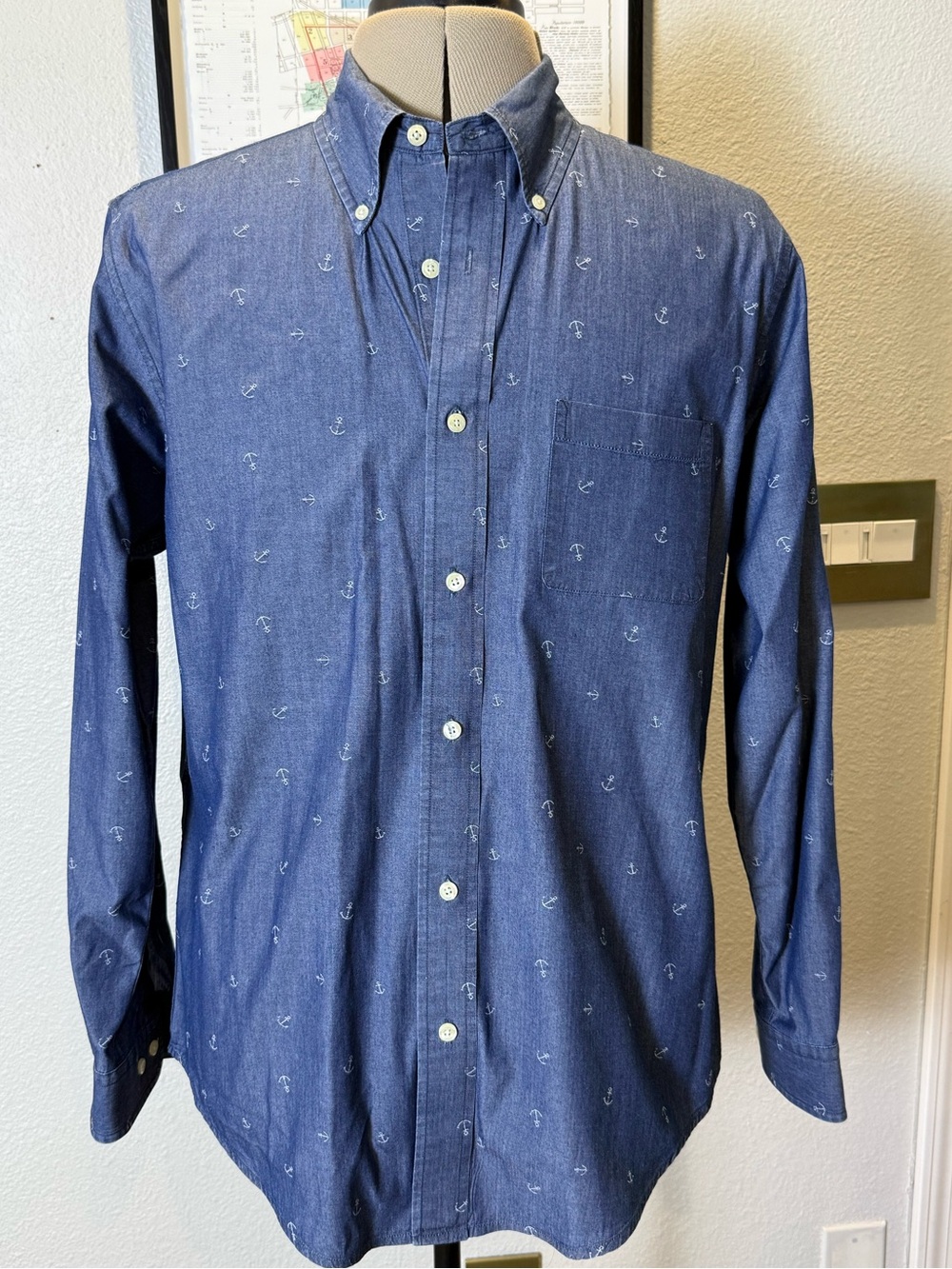 Brooks Brothers Regent Men's L Blue Cotton Anchor Print Button-Down